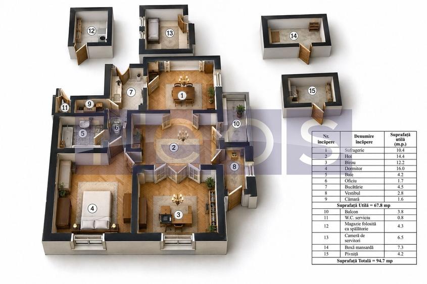 Apartament cu 3 camere semidecomandat în Dorobanți