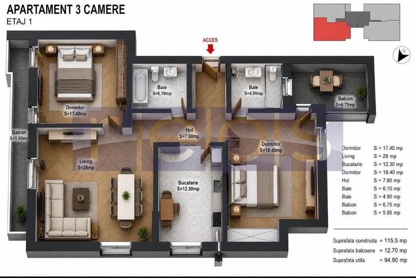 Apartament cu 3 camere în Jiului
