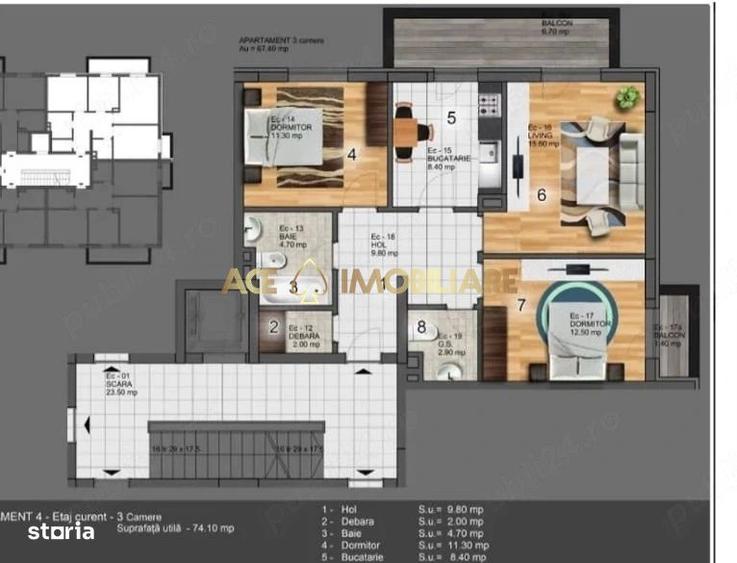Apartament cu 3 camere, mobilat în Central