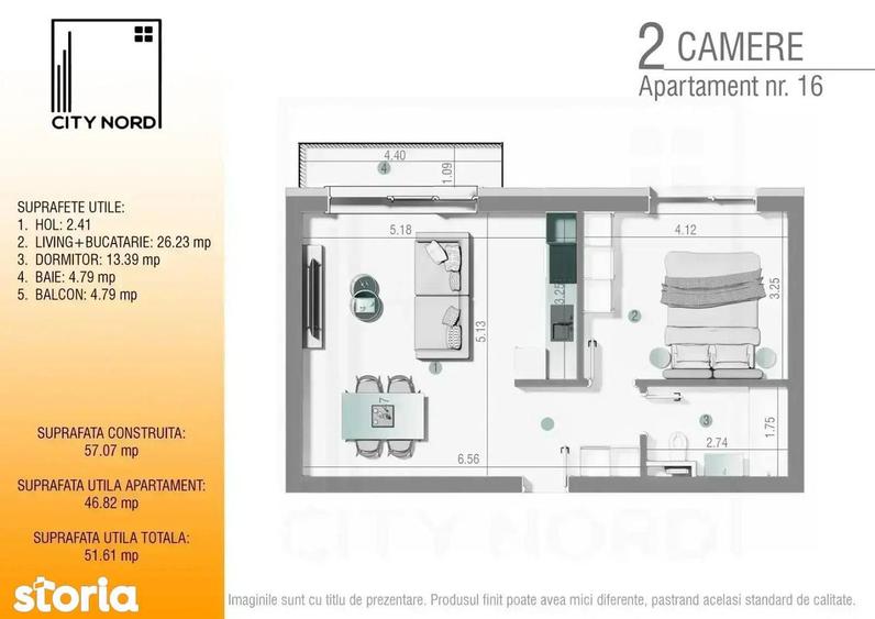 Apartament cu 2 camere în Tunari
