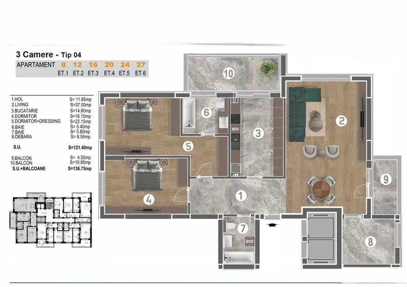 Apartament cu 3 camere în Tineretului