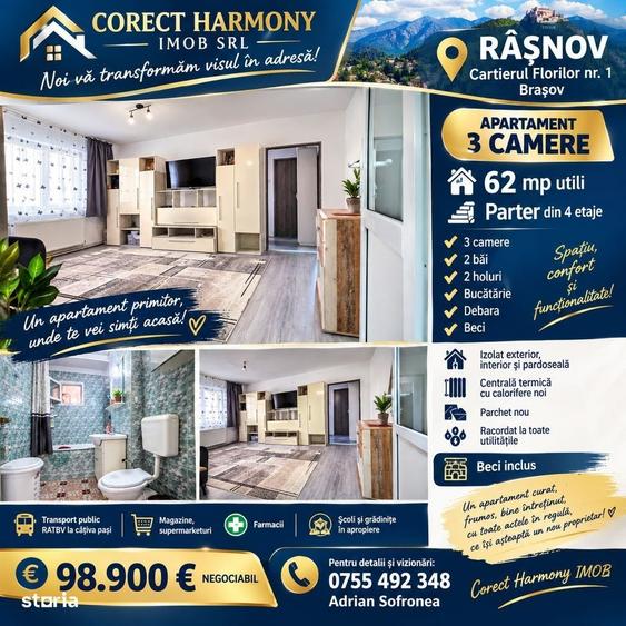 Apartament cu 3 camere în Florilor