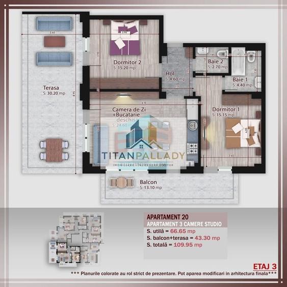 Apartament cu 3 camere decomandat în Titan