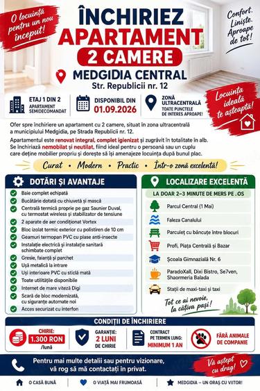 Inchiriez apartament 2 camere, Medgidia Central, Etaj.1 - 1
