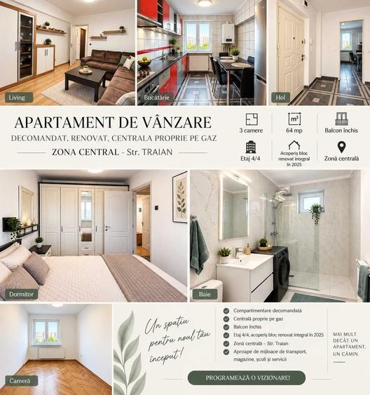 Apartament cu 3 camere decomandat în Central