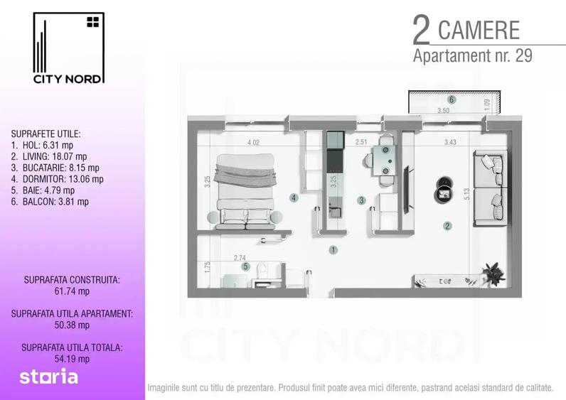2 camere - 55 mp utili total-TVA inclus-finalizat - CITY NORD - 3