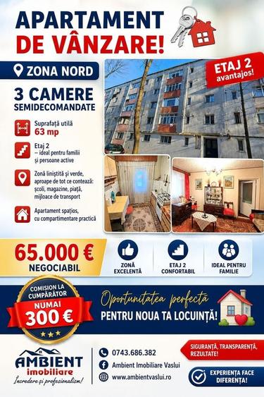 Apartament cu 3 camere semidecomandat în Nord