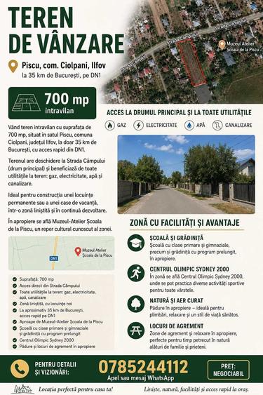 Teren intravilan de vanzare 700 mp Piscu, Ciolpani, Ilfov 35 km de Bucuresti - 1