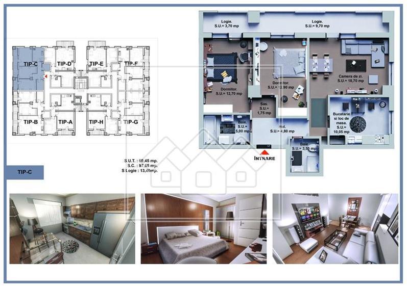 Ap. decomandat, 3 camere, 69,45 mpu, bloc nou, lift - 2