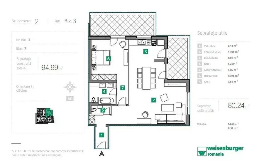 Apartament cu 2 camere decomandat în Sisești