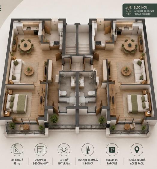 Apartament 2 camere, bloc nou, Zona Schit  | 59 mp | Parcare - 1
