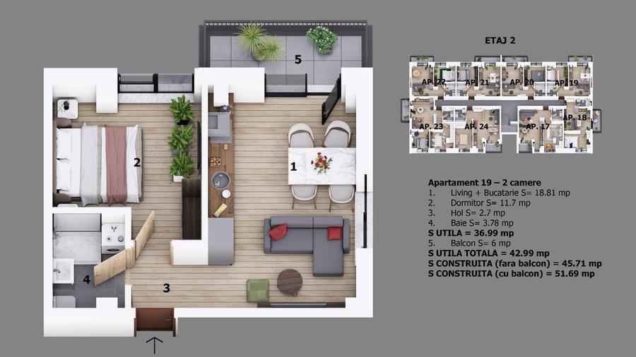 Apartament cu 2 camere decomandat în Central
