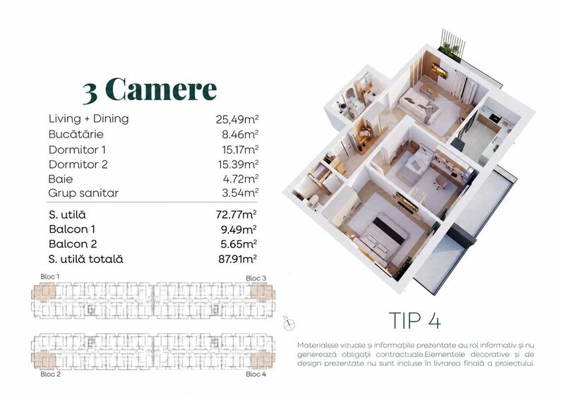 Apartament cu 3 camere semidecomandat în Central