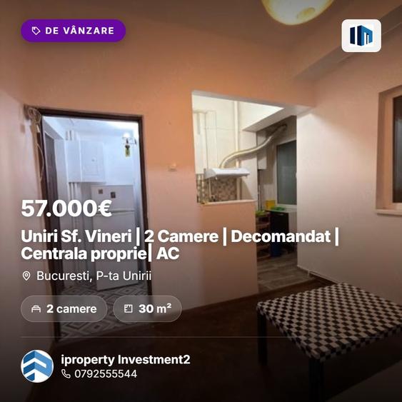 Apartament cu 2 camere semidecomandat, mobilat în P-ța Unirii
