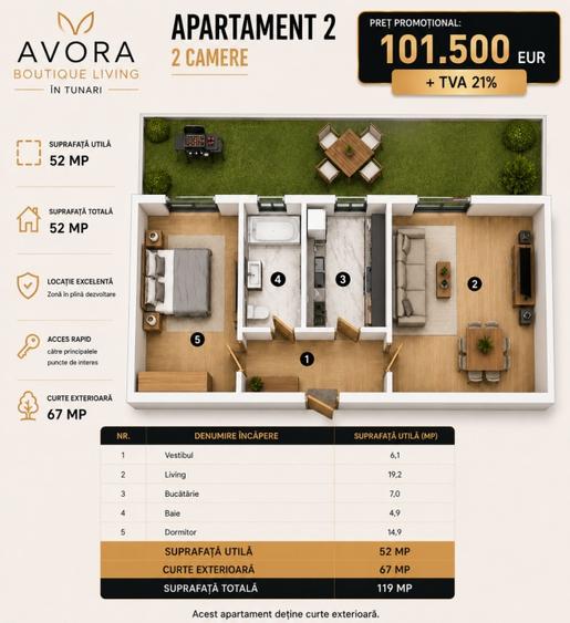 Apartament cu 2 camere semidecomandat în Tunari