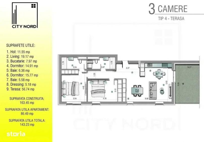 Apartament cu 3 camere în Nord