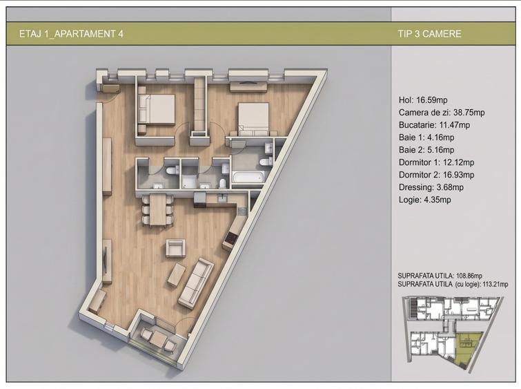 Apartament cu 3 camere decomandat în Nerva Traian