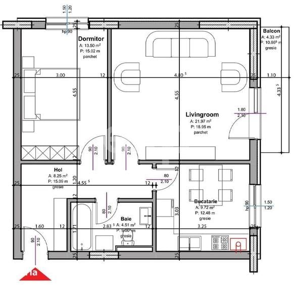 Apartament cu 2 camere decomandat în Trivale