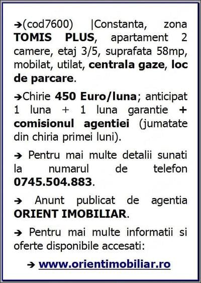 Apartament cu 2 camere decomandat în Tomis Plus
