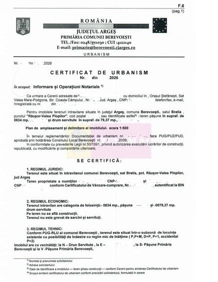 Teren Construcții extravilan de 834 mp, în Berevoești