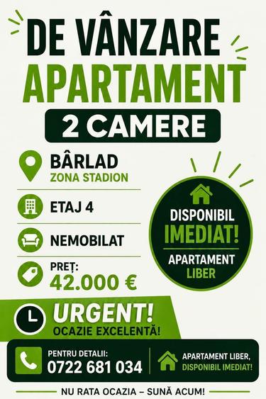 Apartament cu 2 camere semidecomandat în Bârlad