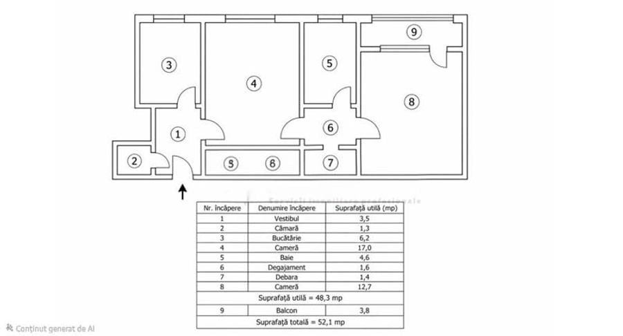 Apartament cu 2 camere semidecomandat în Central