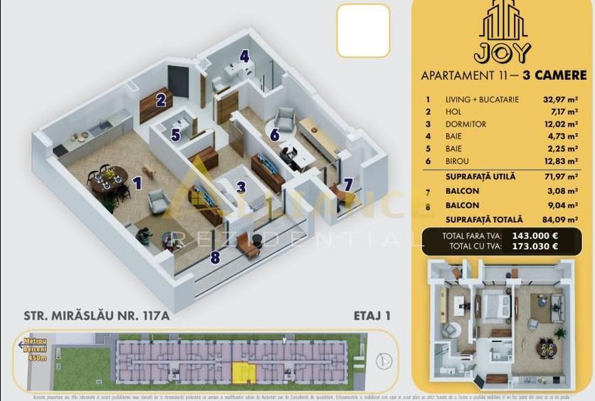 [JOY] Apartament cu 3 camere | 2 bai - 84 mp - 7