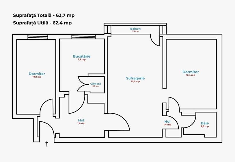Apartament cu 3 camere semidecomandat în Micro 19