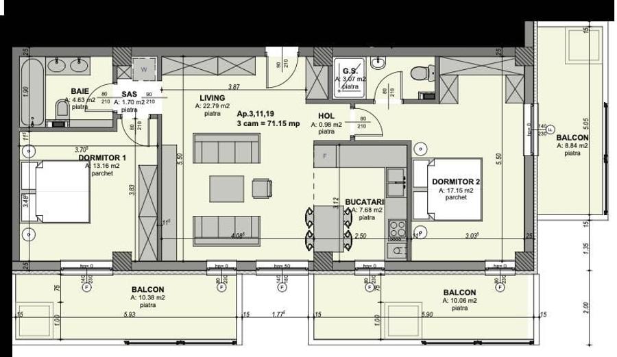 Apartament cu 3 camere semidecomandat în Central