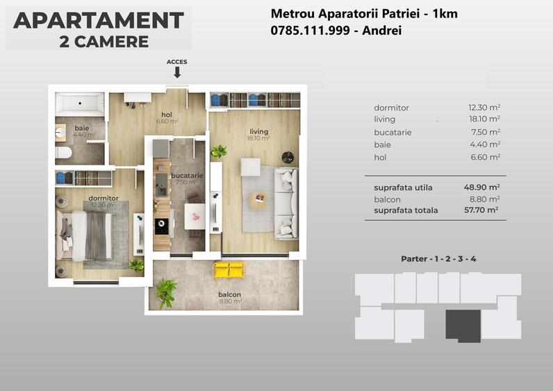 Apartament cu 2 camere decomandat în Apărătorii Patriei