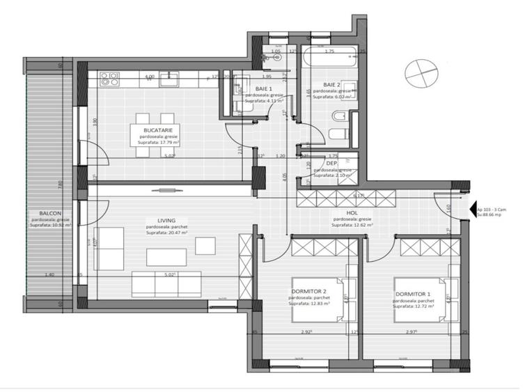 Apartament cu 3 camere în Central