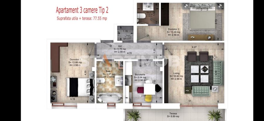 Apartament cu 3 camere decomandat, mobilat în Tractorul