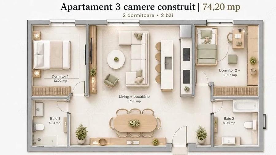 Apartament cu 3 camere decomandat în Cetății