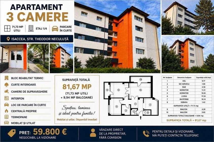 Apartament cu 3 camere decomandat în Central