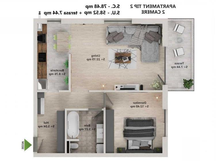 Apartament cu 2 camere decomandat în Tunari
