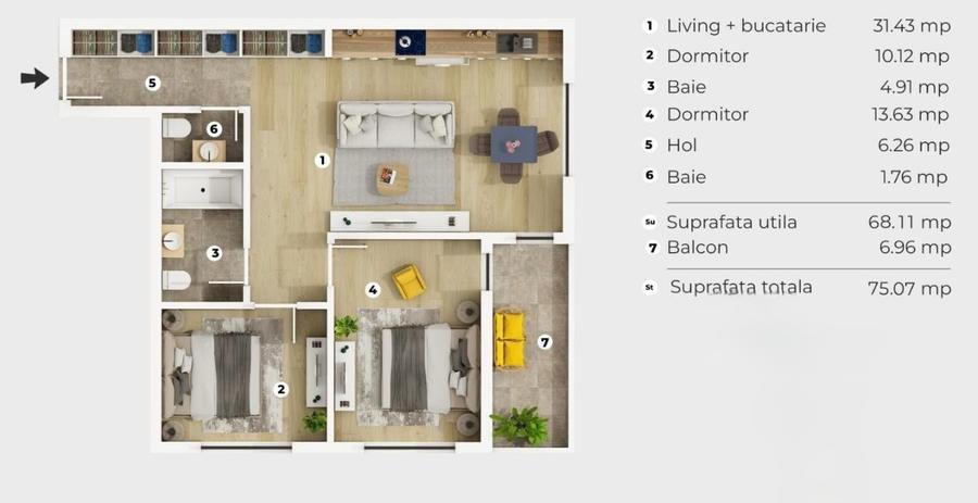 Apartament cu 3 camere decomandat în Berceni