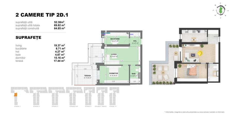 Apartament cu 2 camere semidecomandat în Străulești
