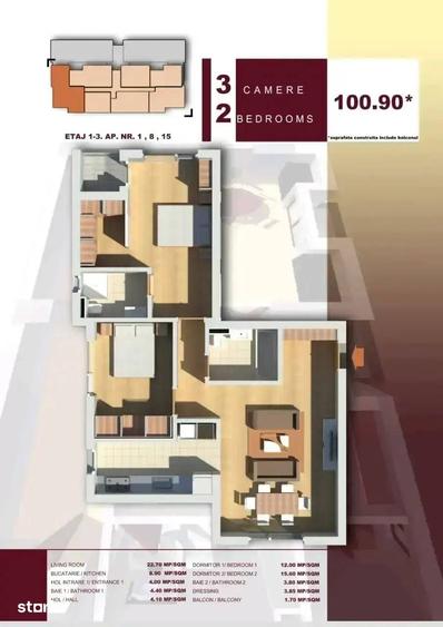 Apartament cu 3 camere decomandat în Central