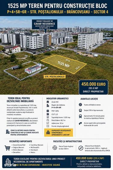 1525 mp teren constructie bloc P+4+5R+6R - Str Postalionului - sect 4 - 1
