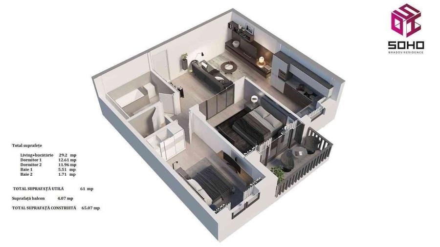 Apartament cu 3 camere în Tractorul