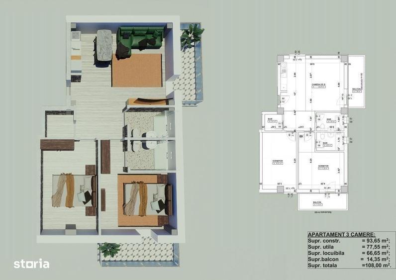 Apartament cu 3 camere semidecomandat în Craiovei