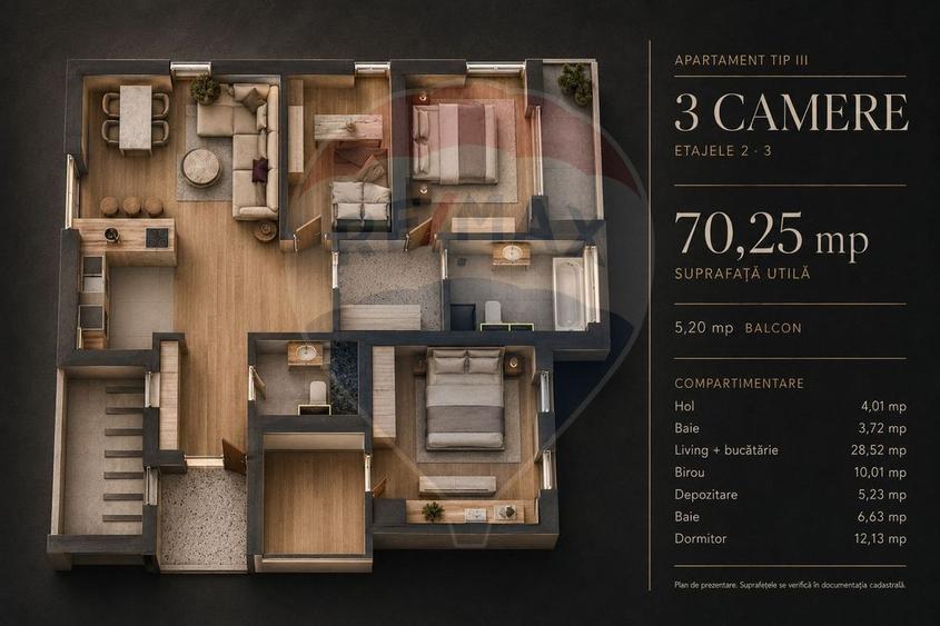 Apartament 3 camere, 70,25 mp utili, 2 băi + balcon | Tractorul - 4
