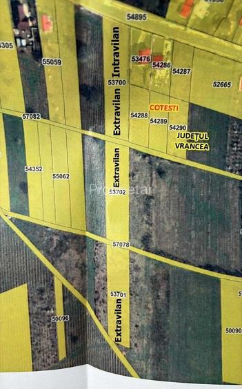 Vand teren intravilan+extravilan la Soseaua Focsani-Cotesti 7.309 mp, deschidere la sosea 24.5 metri, 2 drumuri de acces