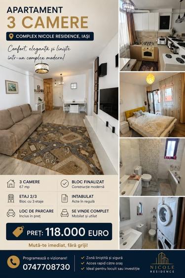 Apartament 3 camere, complet mobilat și utilat, Nicole Residence, Iași - 1