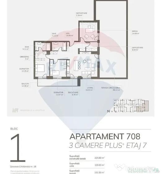 Apartament cu 4 camere semidecomandat în Noua