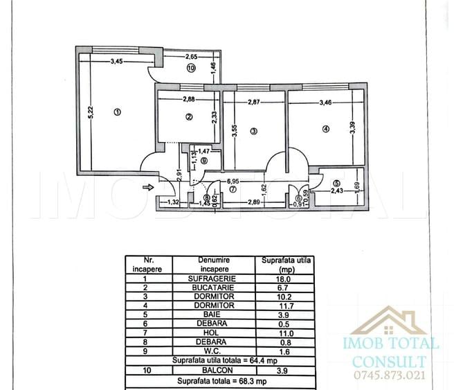 Apartament cu 3 camere decomandat în Trivale
