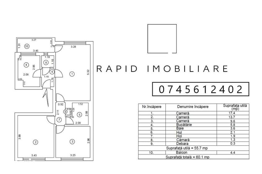 Apartament cu 3 camere semidecomandat în Port