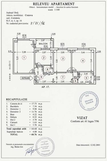 Apartament cu 3 camere decomandat în Cornitoiu