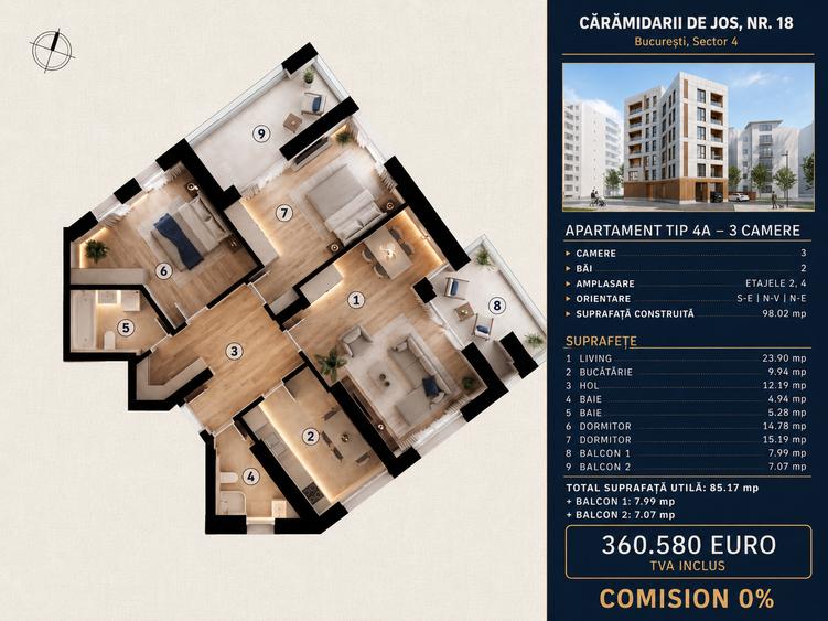 Apartament cu 3 camere decomandat în Tineretului