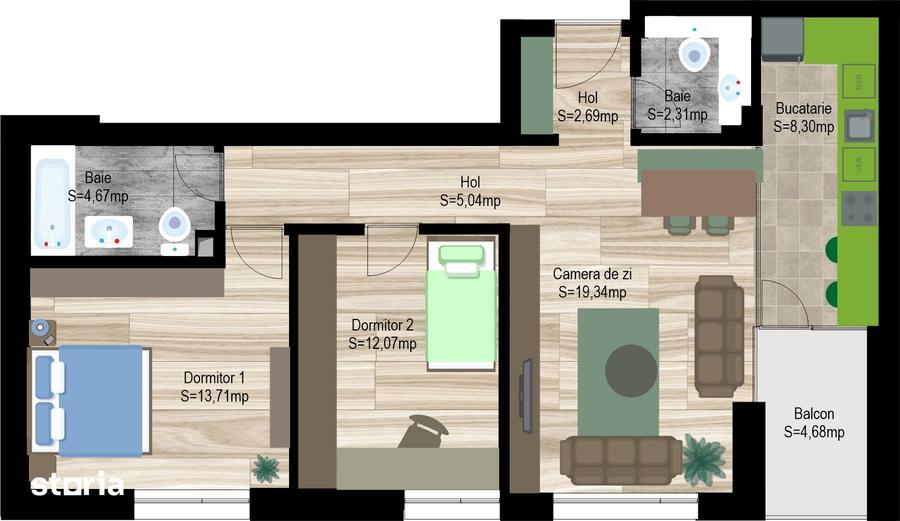Apartament cu 3 camere decomandat în Central